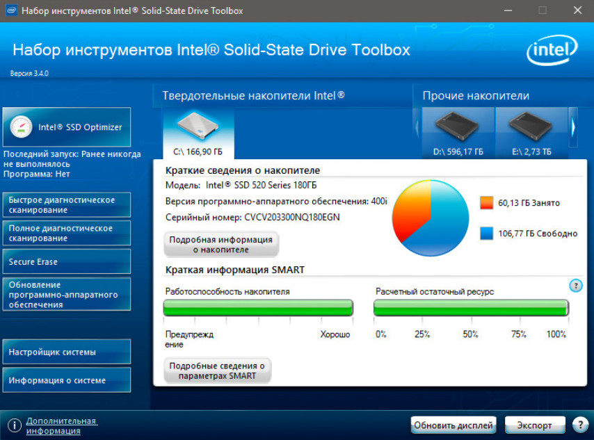 Intel Solid-State Drive Toolbox — програма для оптимізації SSD від компанії Intel